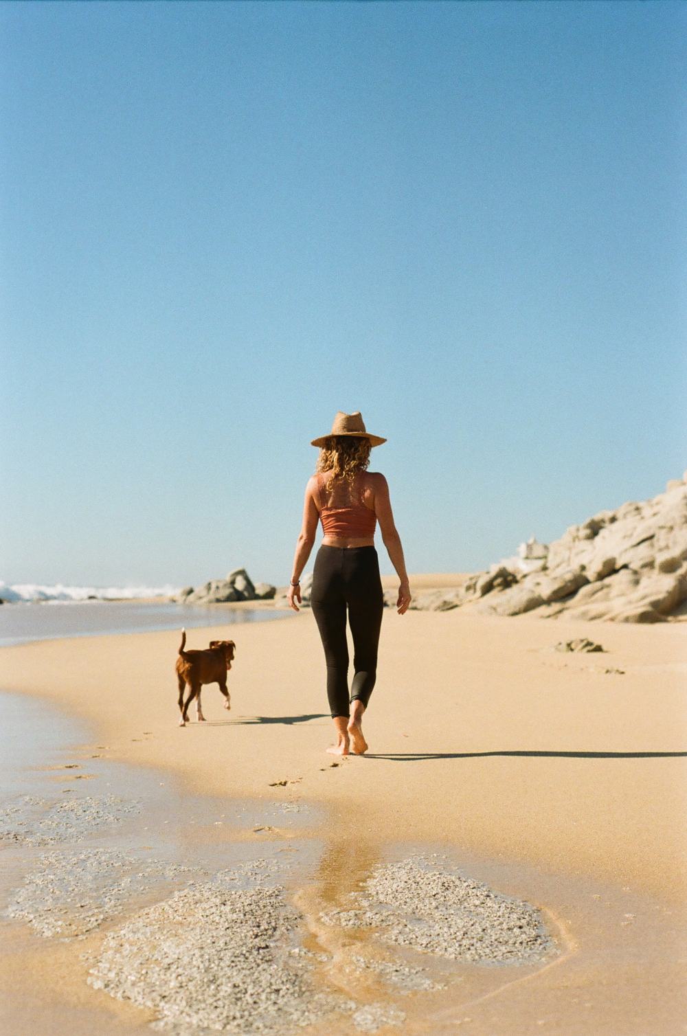 Elisabeth walking with a dog along a Baja beach.