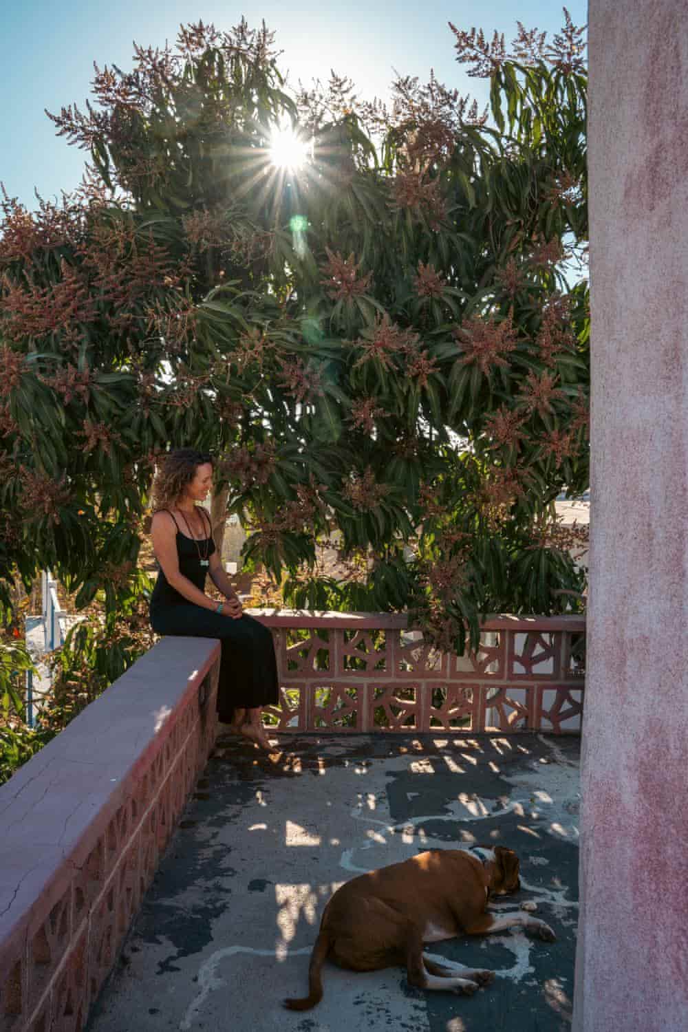 Elisabeth seated beside a flowering mango tree with a dog resting nearby.